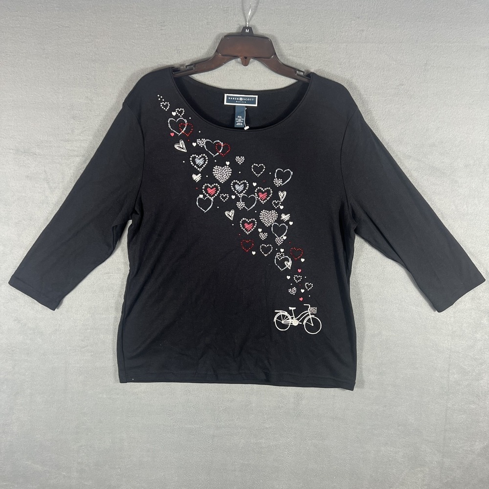 Karen Scott‎ Petites PXL Black 3/4 Sleeve Top Rhinestone Heart Bicycle